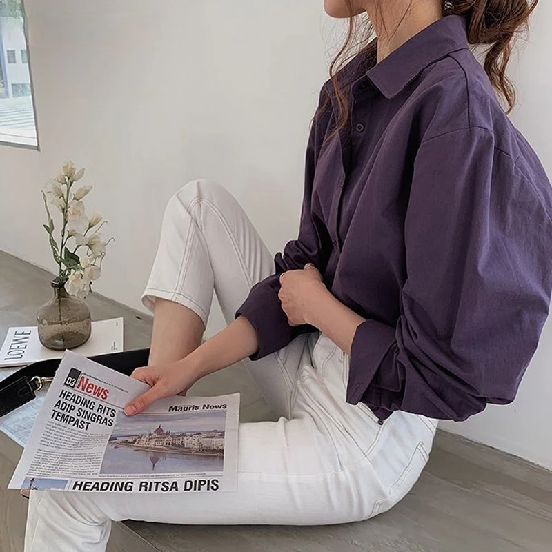 

2021 Spring New Retro Lapel Blouse Thickened Blouse Top Overalls Solid Shirt Long Sleeve Shirt Women Button Up Shirt