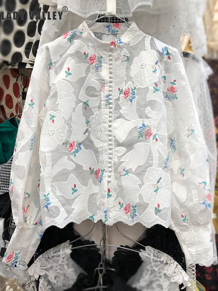 Женская винтажная рубашка свободная с воротником-стойкой и декоративными