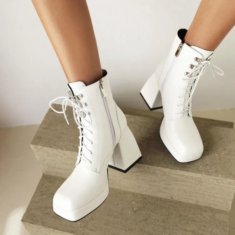 

Женские ботинки на высоком каблуке, водонепроницаемые ботинки на толстой платформе и шнуровке с квадратным носком, Осень-зима 2021