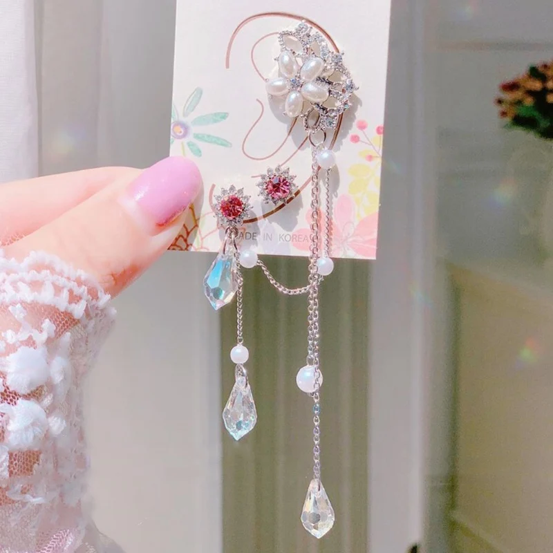 

MENGJIQIAO New Korean Elegant Pink Crystal Long Tassel Drop Earrings For Women Girls Asymmetric Pearl Flower Pendientes Jewelry