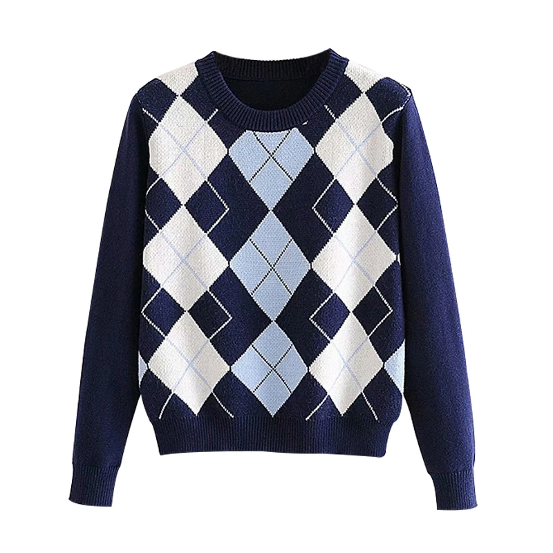 

Women sweater pullover 2021 New fashion autumn diamond-shaped lattice women pullover sweater cute British style sweater top