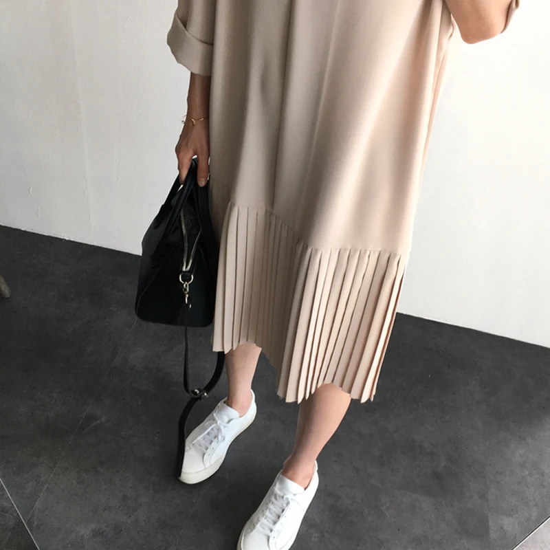 

2020 New Spring Summer Elegant Notched Collar Pleated Women Solid Dresses Vintage Loose Short Dress Female Full Sleeve Vestidos