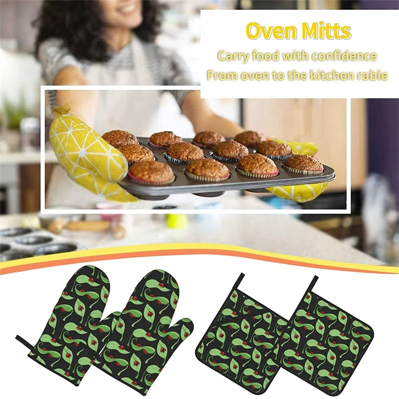

Oven glove and pot holder set heat-resistant 4-piece set, kitchen utensils non-slip insulating gloves for baking and cooking