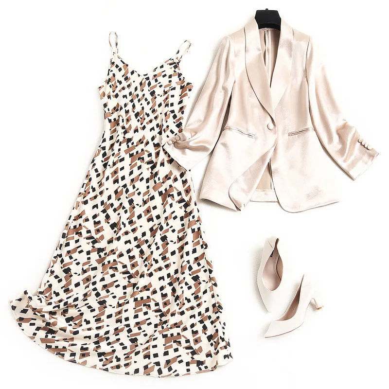 

Fashion Full Sleeve Single Button Blazer Geometric Printed Sexy Sling Dress 2021 Spring/Autumn Simply Elegant Commute 2pcs Set