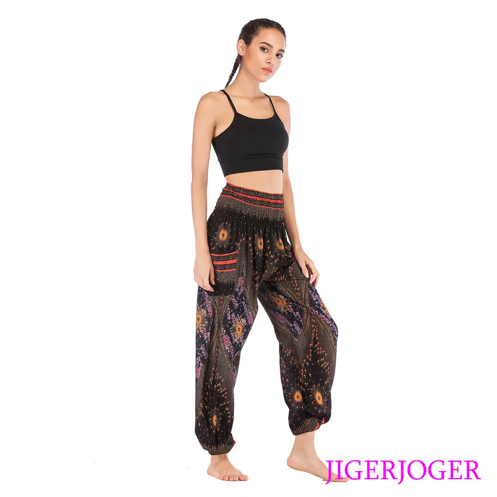 

JIGERJOGER хлопковые черные широкие шаровары с цветочным принтом павлиньих глаз Свободные высокие леггинсы с карманами для йоги бесплатная дос...