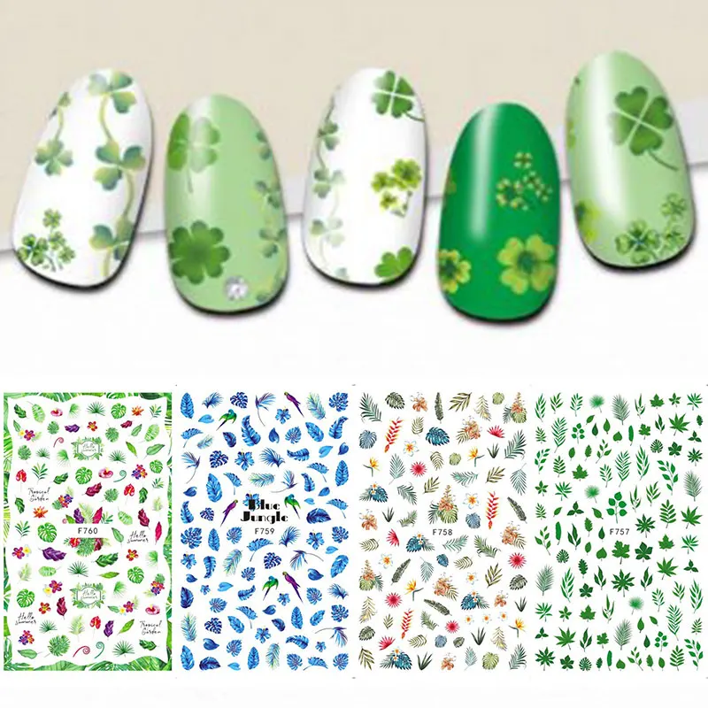 

1 Sheet 3D Holographic Nail Sticker Four Leaf Clover Flower Sticker Decal Lucky Green Nail Design Manicure Decoration