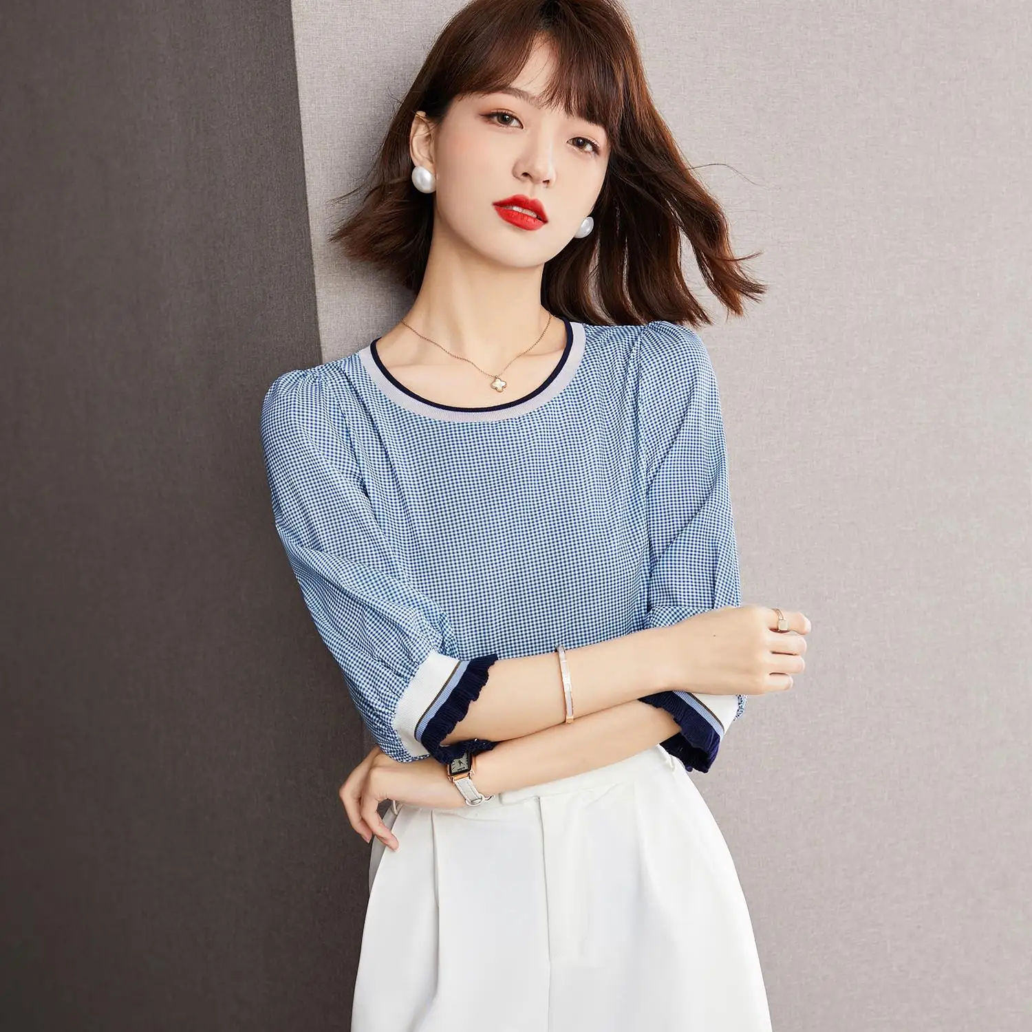

Plaid Knitted Blue Chiffon Top Korean Fashion Women'S T-Shirt Female Vintage Clothing Blouses 2022 Kawaii Harajuku