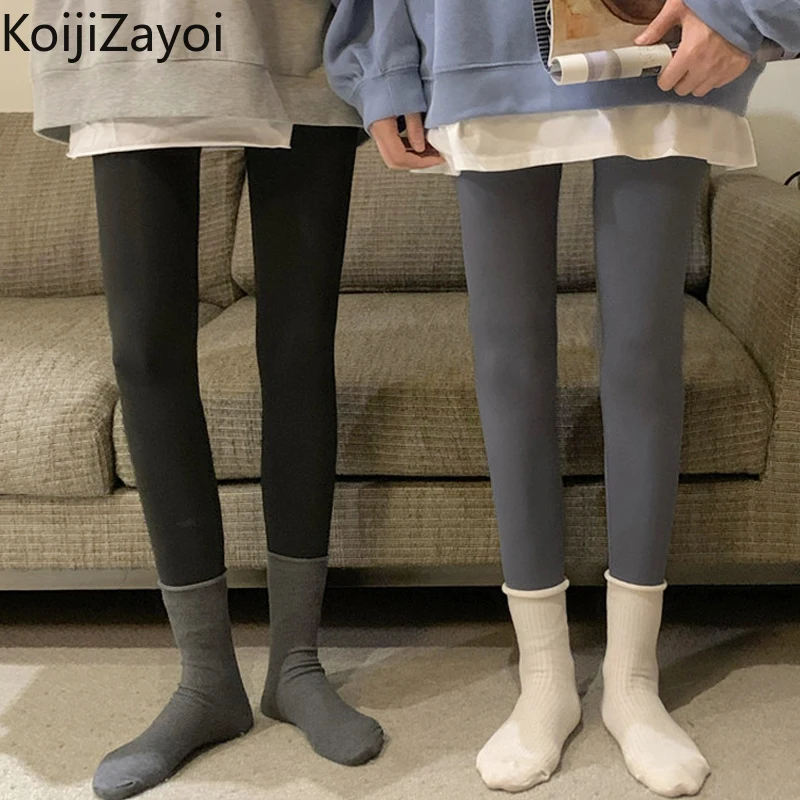 

Koijizayoi Winter Women's Stretchy Leggings Solid Fashion Office Lady High Waist Slim Fleece Warm Leggings Bottoms Outwear Pants