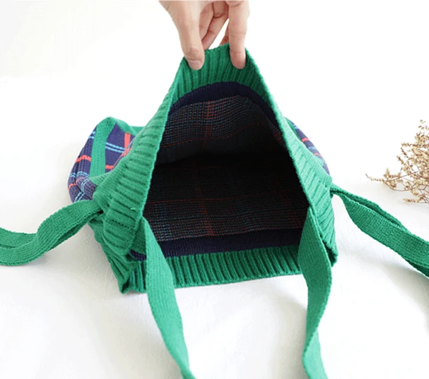 Винтажная клетчатая сумочка из клетчатой ткани женская вязаная сумка на шнурке с