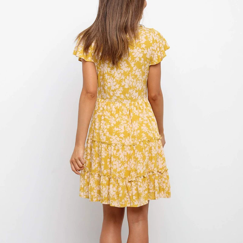 

Women Dresses Summer 2020 Sexy V Neck Floral Print Boho Beach Dress Ruffle Short Sleeve A Line Dress Wrap Sundress Robe