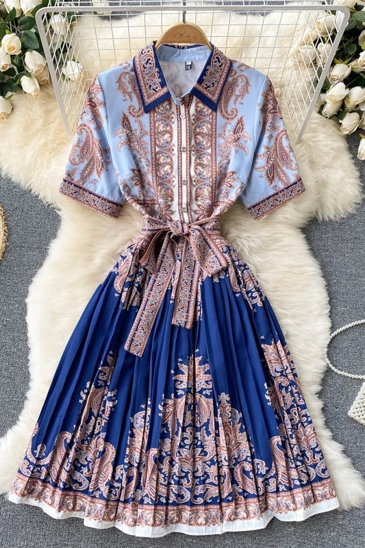 

Palace Style Vintage Short Sleeve Single Breasted Shirt Dress For Women Summer Elegant Streetwear Office Lady Pleated Vestidos