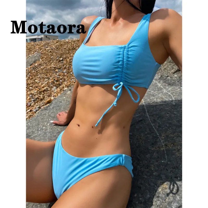 

Синий однотонный купальный костюм с высокой талией, бразильские танкини, сексуальный женский купальник из двух предметов, бикини, спортивн...