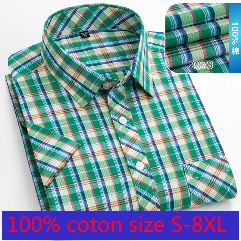 

100% Cotton New Arrival High Quality Summer Thin Plaid Loose Short Sleeve Casual Dress Shirts Plus Size M L XL -4XL5X6XL 7XL 8XL