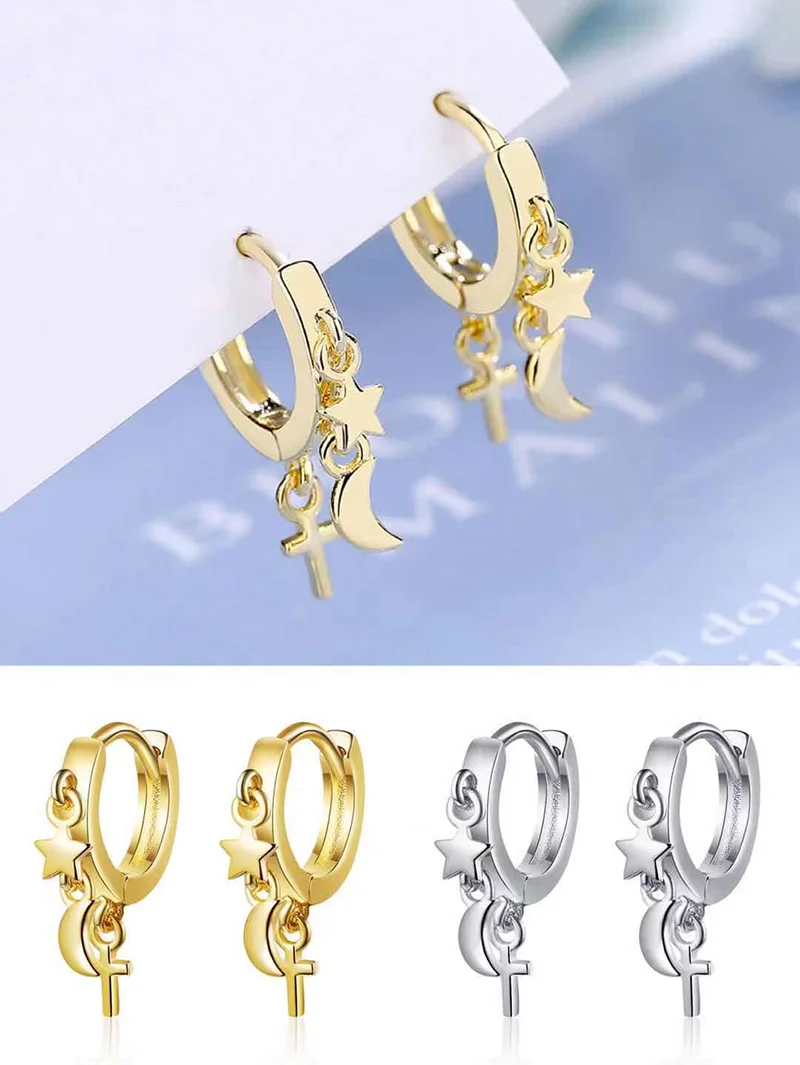 

925Silver Needle Star Moon Ear Buckle Female Fashion Personality Silver Gold Short Paragraph Woman Friend Lover Wife Gift