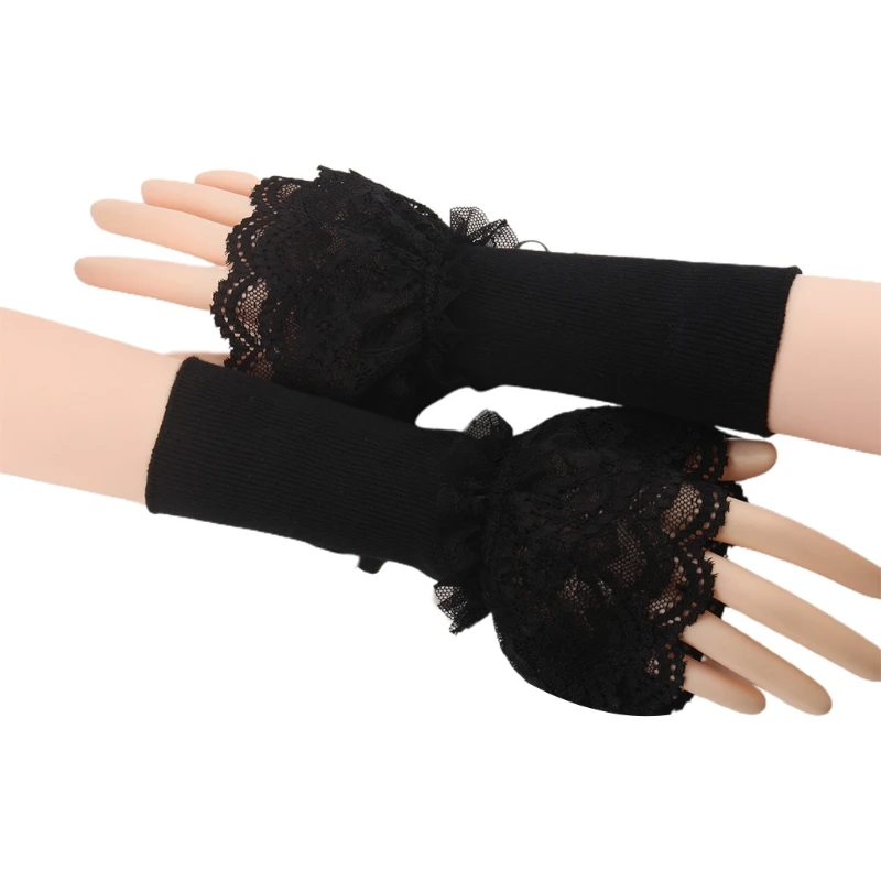 

Women Sweet Double Layer Ruffles Lace Patchwork Arm Warmers Winter Ribbed Knitted Stretchy Fingerless Gloves Scar Cover