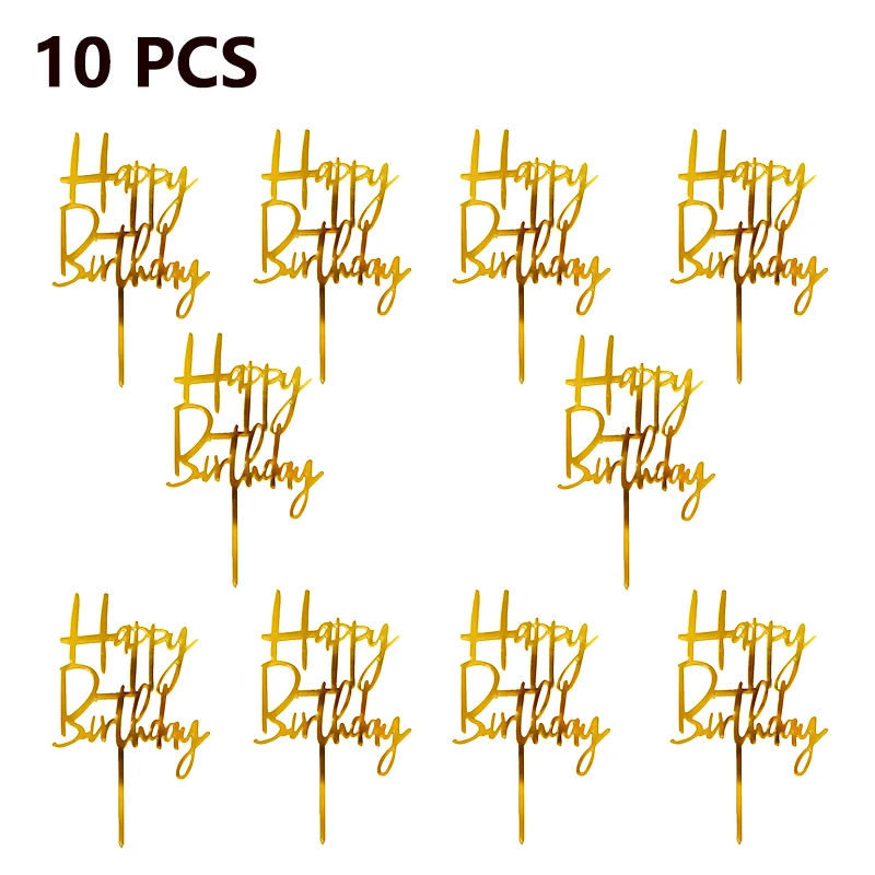 

10pcs Happy Birthday Cake Topper Acrylic Gold Cake Toppers Happy Birthday Party Supplies Cake Decorations Promotional Items
