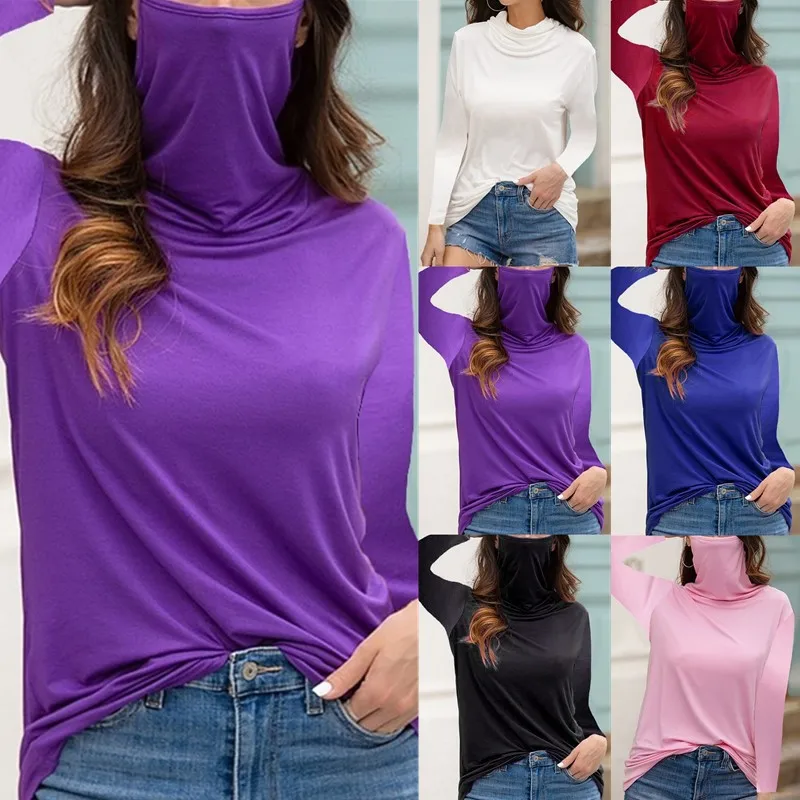 

S-5XL Plus Size T Shirts Women Spring Autumn Long Sleeve Loose Casual Tops For Women Turtleneck Solid Face Cover T-shirts