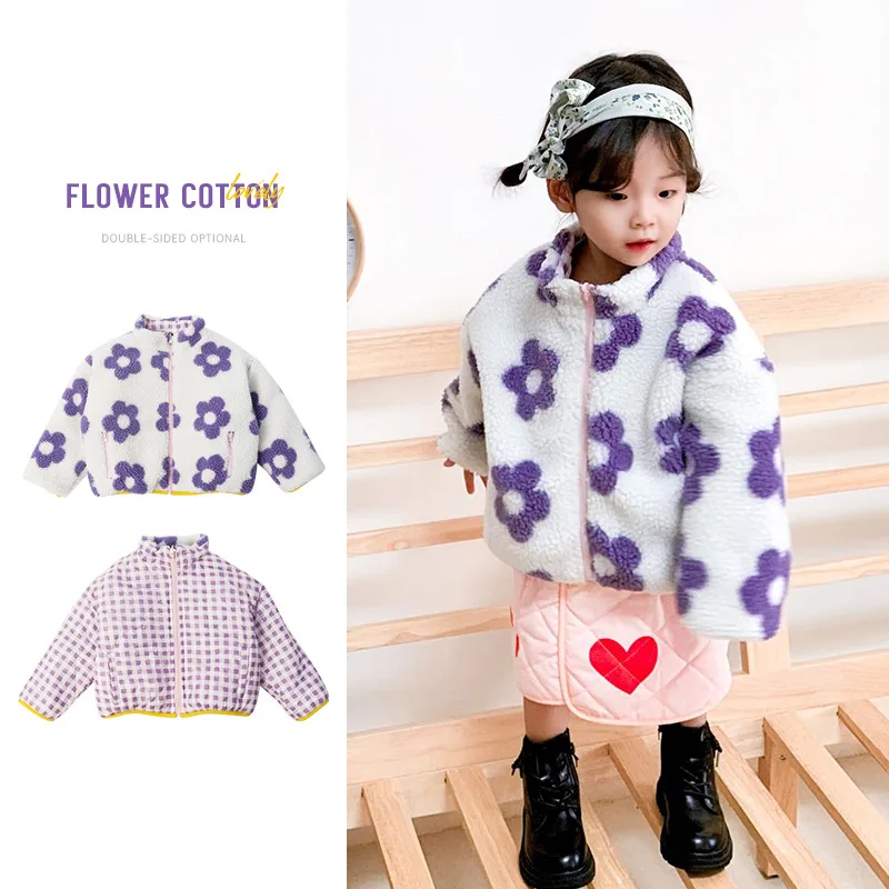 

Куртка для девочек, Новинка Весна 2022, двухсторонняя утепленная куртка из овечьей шерсти с цветами для девочек, одежда для родителей и детей