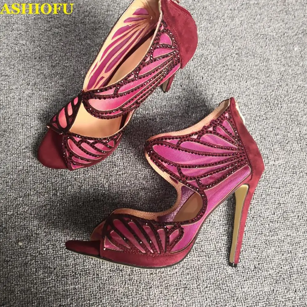 

ASHIOFU Handmade Real Photos Ladies High Heel Pumps Air-mesh Butterfly Designed Party Shoes Peep-toe Daily Wear Fashion Shoes