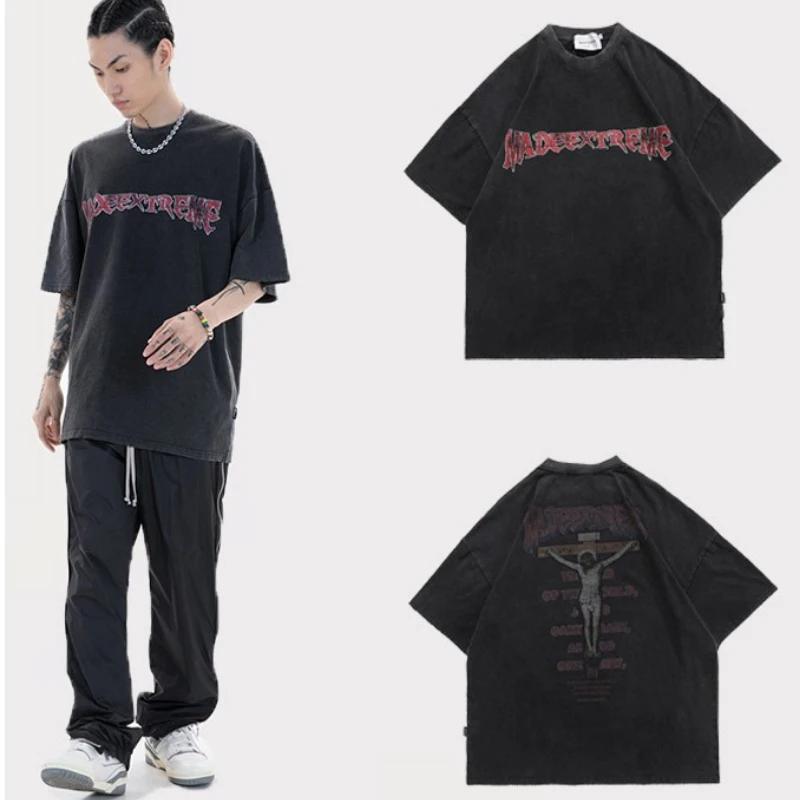 

2021 Summer Men's T-Shirts Retro Jesus Letter Print Vintage T Shirt Mens Hip Hop Loose Streetwear Unisex Oversized Tops Cotton