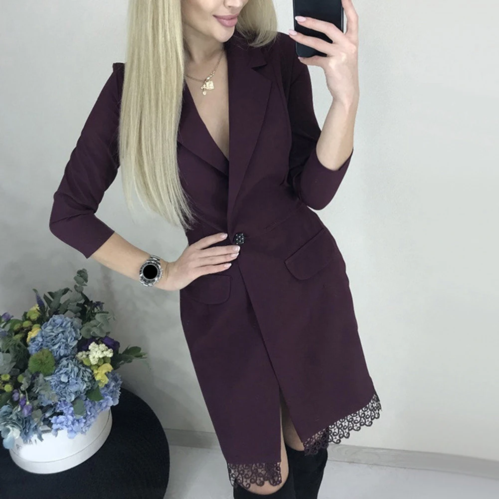 Office Lady Lapel Collar 3/4 Sleeve Lace Hem Button Knee-length Dress Blazer | Женская одежда