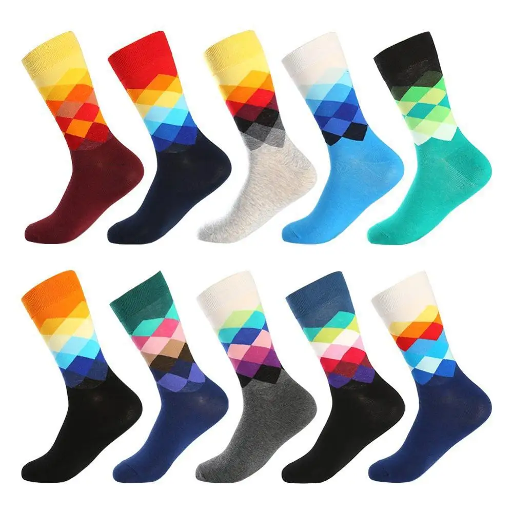 

Cotton Socks Men Colorful Rhombus Happy Funny Socks Personality Skateboard Design Print Harajuku male Socks