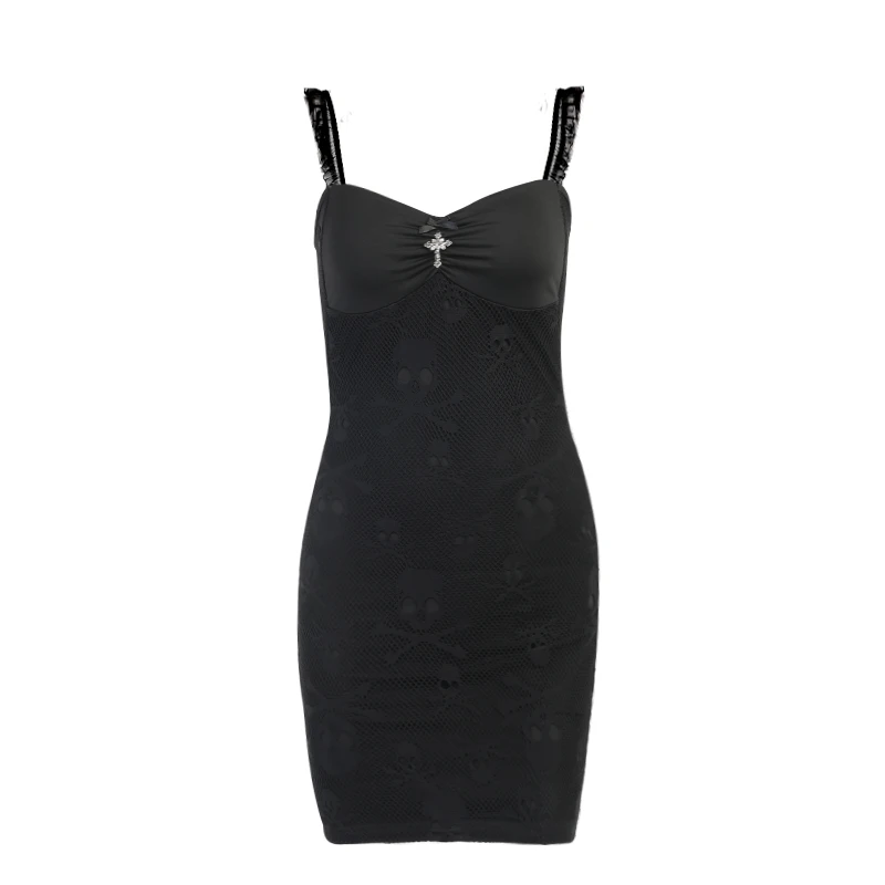 

InsGoth Skull Graphic Black Mini Dress Goth Cross Pendant High Waist Party Dress Retro Elegant Sexy Backless Women Dresses