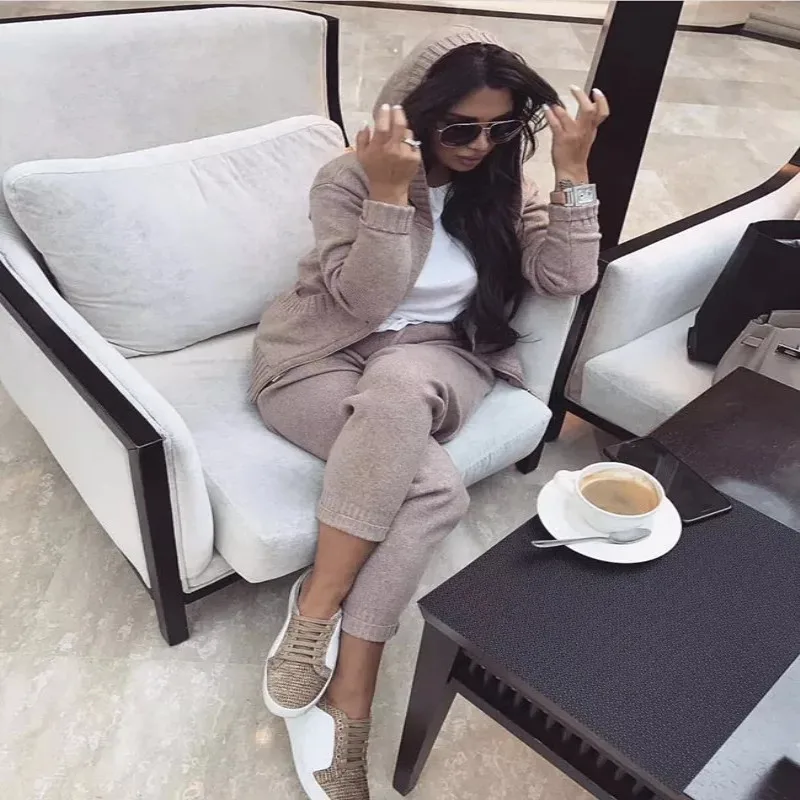 Женский бархатный костюм с капюшоном повседневный вязаный кардиган на молнии и