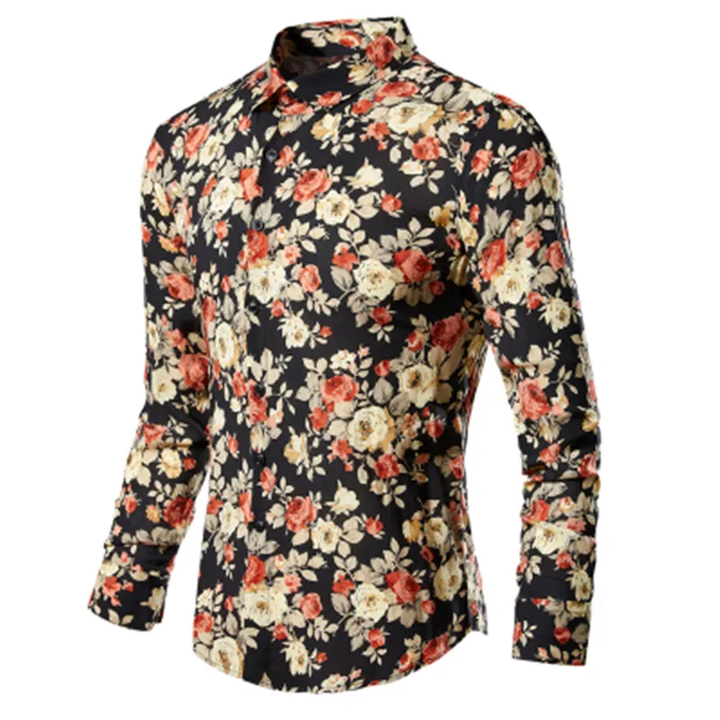 Men's Shirts Retro Floral Printed Man Casual Slim Shirt Fashion Classic Men Dress Shirt Men's Long Sleeve Brand Clothing