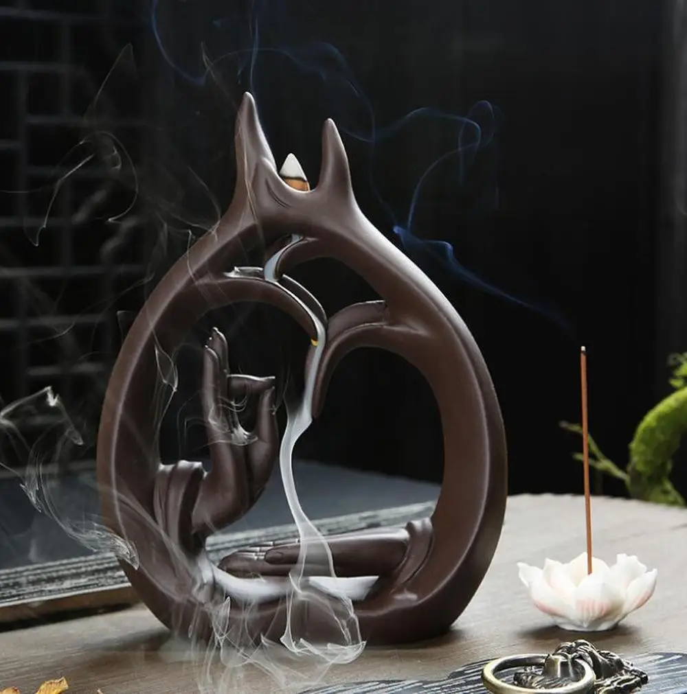 Будда рука обратного потока благовоний горелка дым водопад цветок лотоса