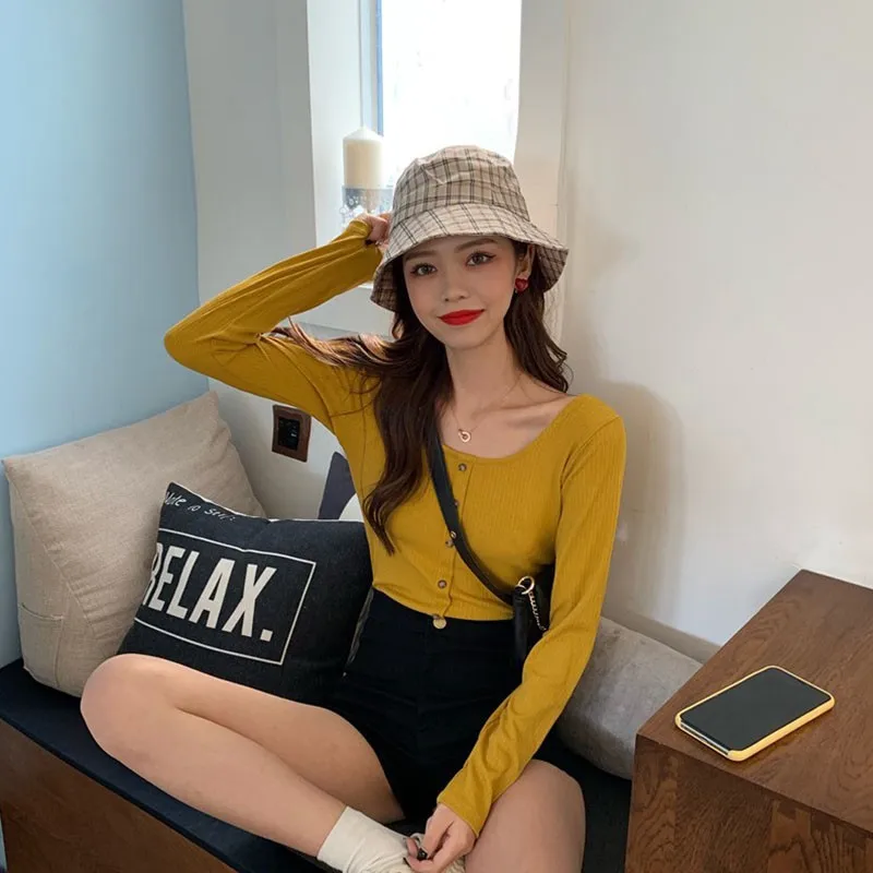 

Women Fashion Autumn Winter Solid Color Slim Stripes Print Long Sleeved Square Collar Slim Casual Sweater