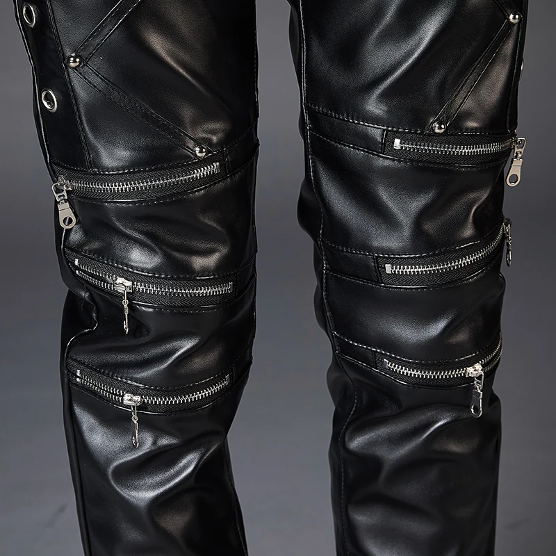 PU Faux Leather Pants For Men Brand Black Fashion Motorcycle Streetwear Punk Hip HOP Bike Trouesr | Мужская одежда