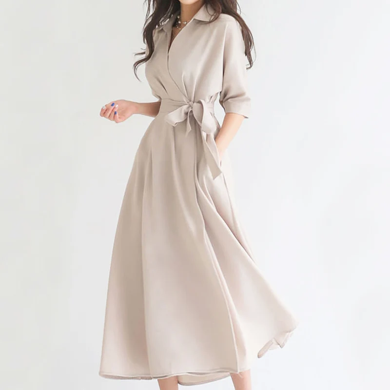 

Elegant Dress Women Solid Turn Down Collar One-Piece Dress Korean Female Clothes New Summer 2020 Office Lady Work Dresses Women