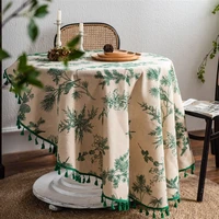 cotton linen tablecloth round with tassel dinning table decoration party coffee table cloth green printing christmas tablecloth