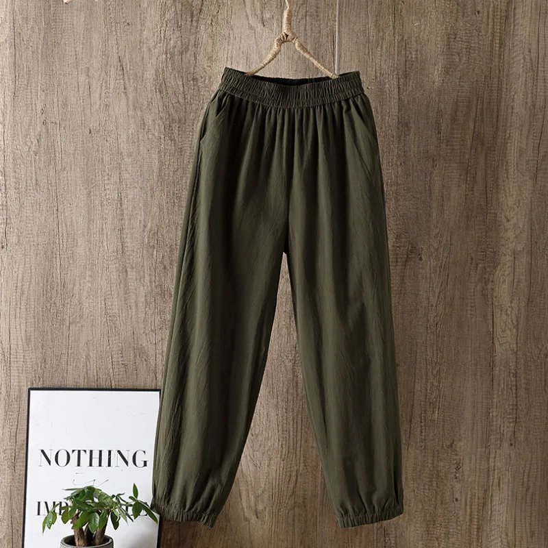 

2021 Spring Summer Woman Cotton Linen Pants Elastic Waist Solid Harem Pants Ankle-length Capris Trousers Bloomer Pencil Pants
