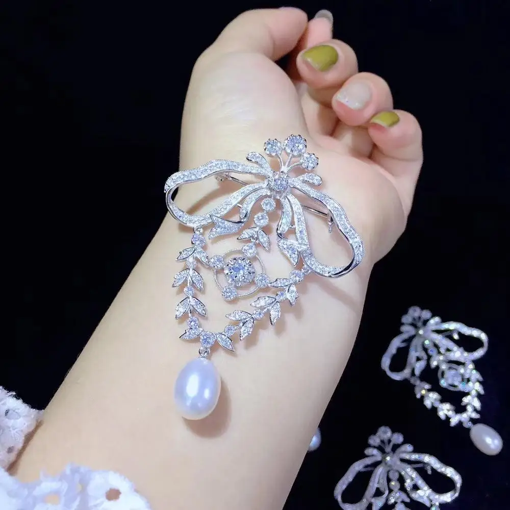 Женская Брошь из серебра 925 пробы с натуральным пресноводным жемчугом и