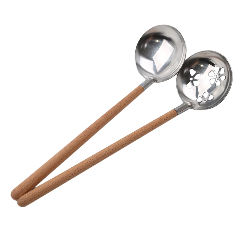 

Stainless Steel Filter Spoons Soup Spoon Wooden Handle Anti-hot Colander Tablespoons Tableware Hot Pot Colander Strainer Spoon