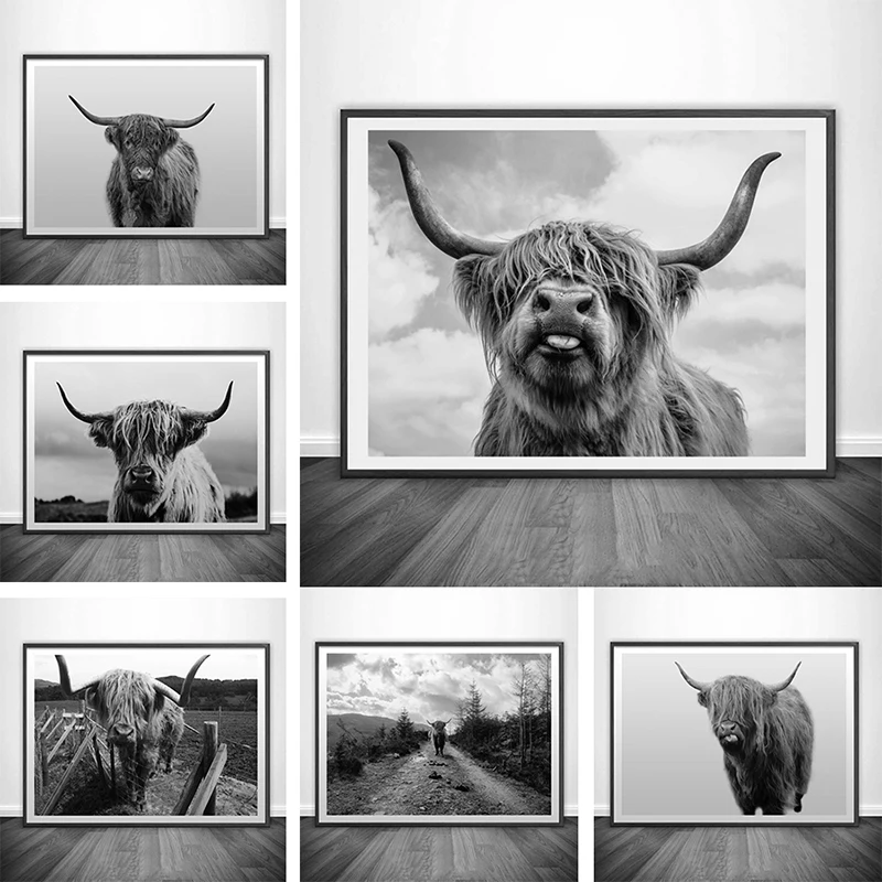 

Nordic Animals Black and White Yak Highland Cow Wild Canvas Painting Posters and Prints Wall Art Picture for Living Room Cuadros