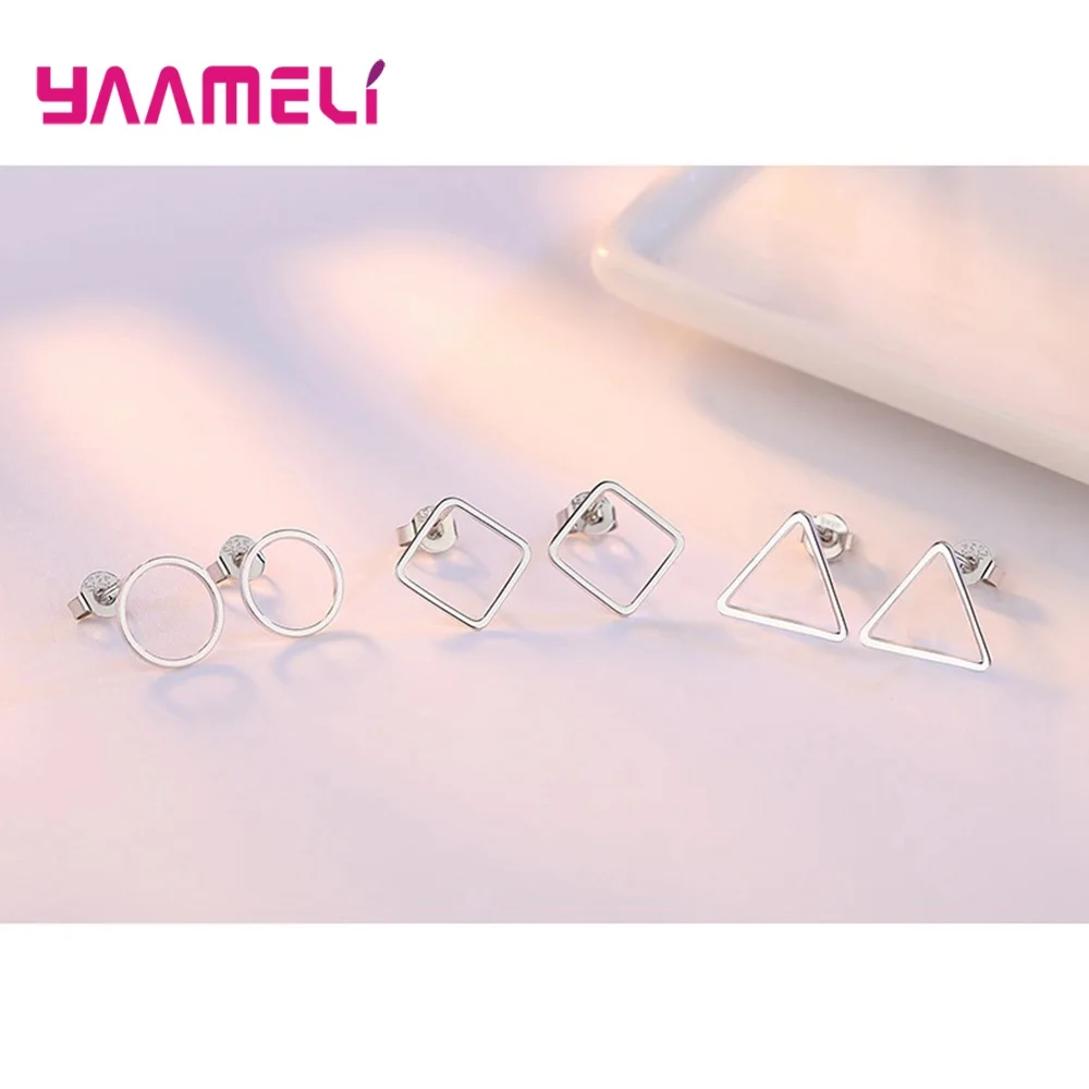 100% Серебро 925 Простое Ювелирное Украшение Серьги-гвоздики в Треугольной, Квадратной, Круглой и Круговой Форме для Женщин, Девочек, Студенток.