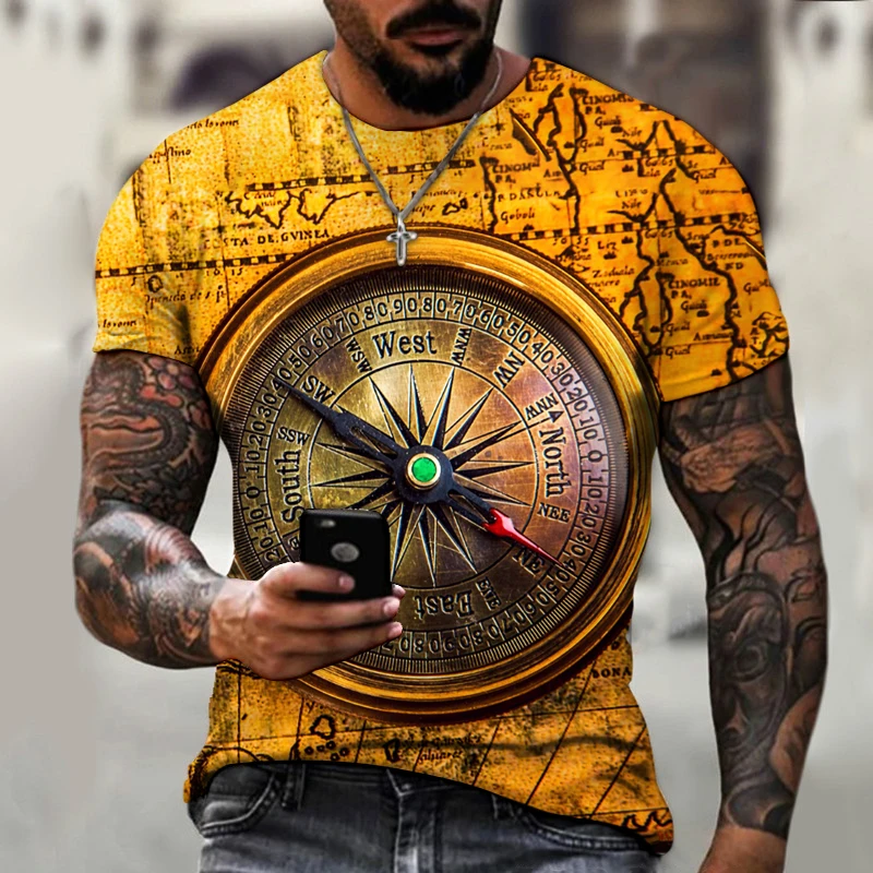 

Men's Street Trend T-shirt Compass Nautical Map Retro Print Short Sleeve Round Neck Top BYCK Brand Clothing Size XXS-6XL