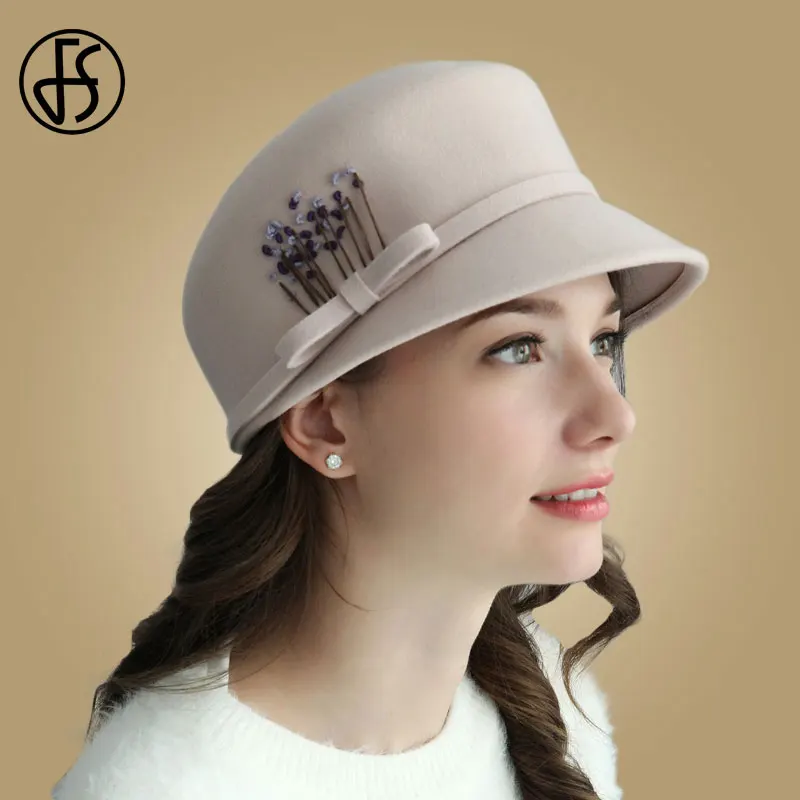 

FS Elegant Fedora Hat For Women Wool Wide Brim Black Pink Winter Felt Hats Fashion Ladies Cloche Hat Church Chapeau Wholesale