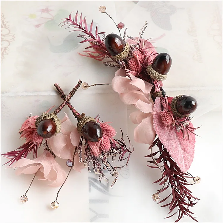 Розово-красный натуральный высушенный шишка головной убор наборы шпилек для