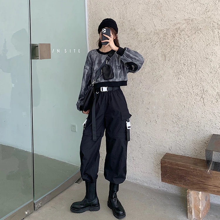 

YTX765 Drawstring overalls women 2021 spring and summer new high street ins trendy black loose casual pants