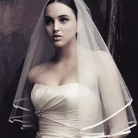 wedding simple tulle white ivory two layers bridal veils ribbon edge