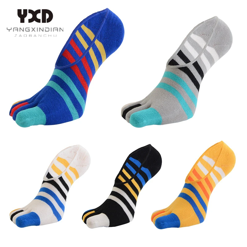 5 Pairs/Men's Socks Men Cotton Sports Five Finger Elastic Colorful Stripes Boat Socks With Separate Toes Invisible Ankle Socks