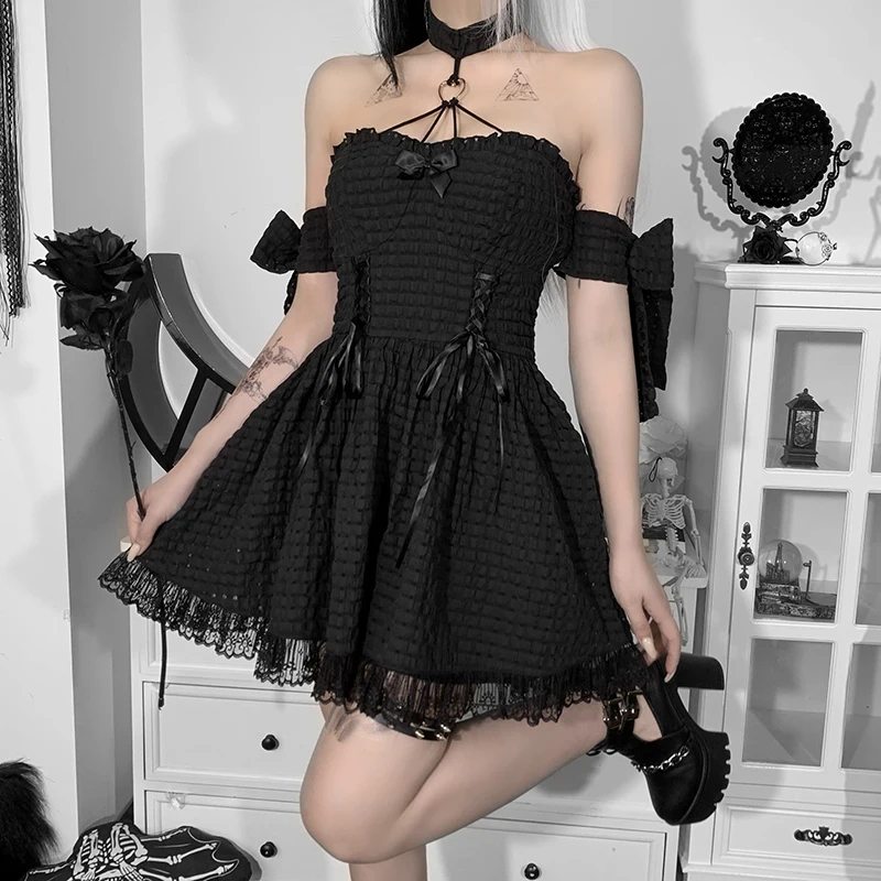 

Gothic Halter Lace Dress Off Shoulder Black Bow Fairy Grunge Dresses 2022 Lolita Summer Mini Dress Party Club Proms For Girls