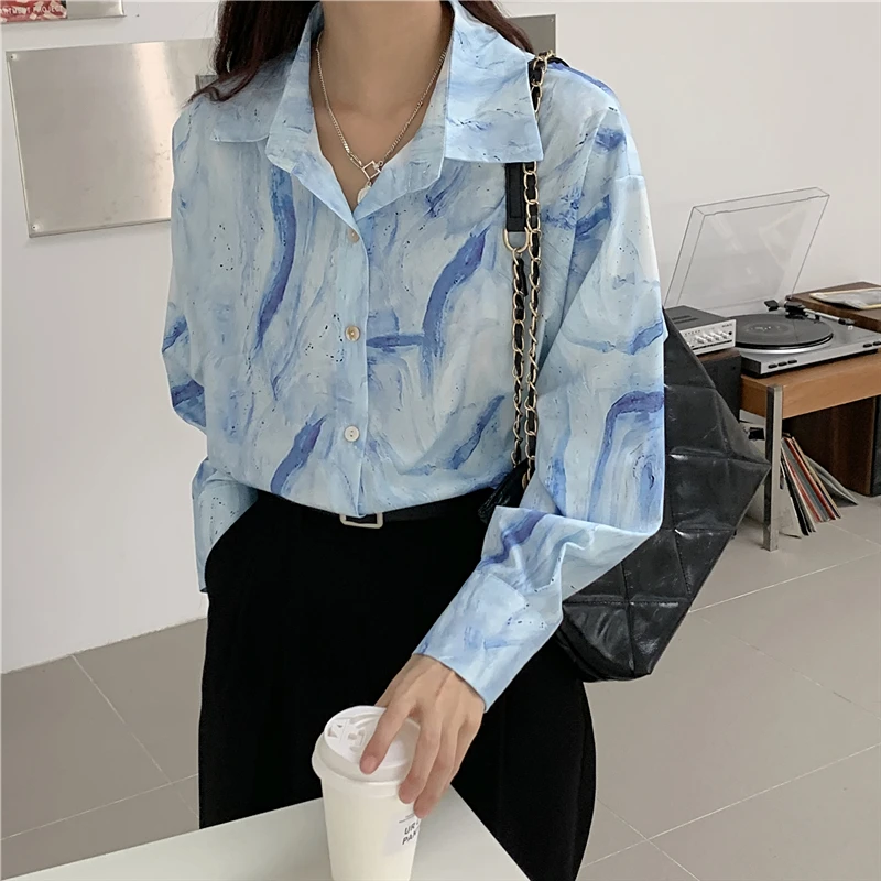 

Женская рубашка с длинным рукавом, синяя блузка с принтом, с отложным воротником, весна-осень, 2020