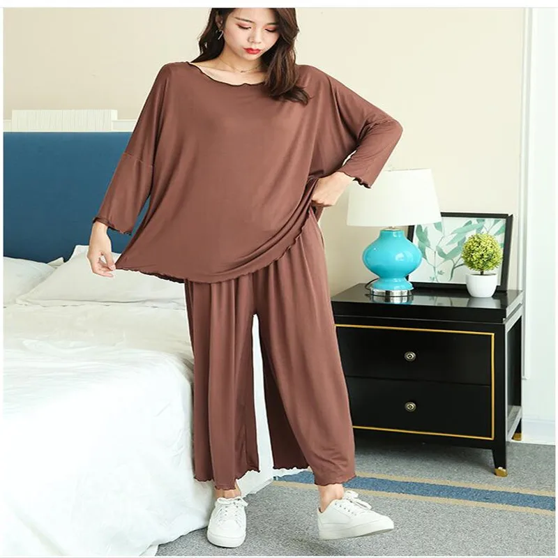 

Women Pajama Two-piece Set Spring Autumn Loose Long Sleeved Wide Leg Pjs Set Home Suits Pink Brown Navy Plus Nightwear Nightgown