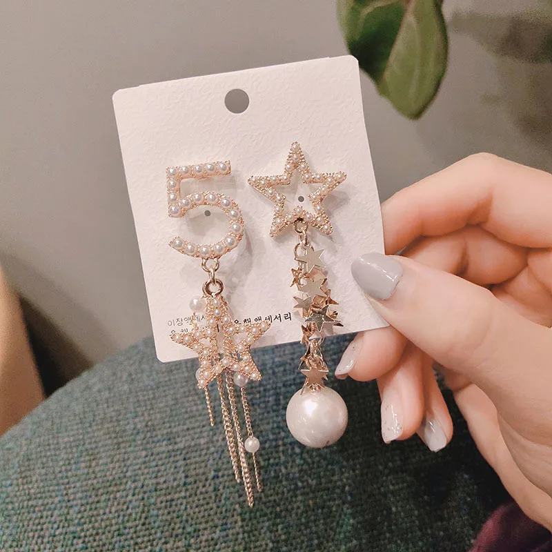 Свадебные модные серьги с жемчугом и кисточками для длинных сережек для женщин. Корейские звезды-капельки с асимметричным украшением.
