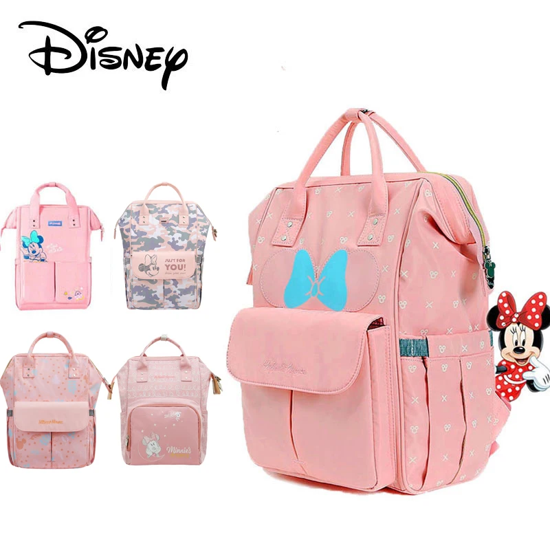 

Disney Minnie Pink Series Maternity Diaper Bag USB Heating Baby Care Bag Mummy Large Capacity Nappy Backpack For Moms Waterproof